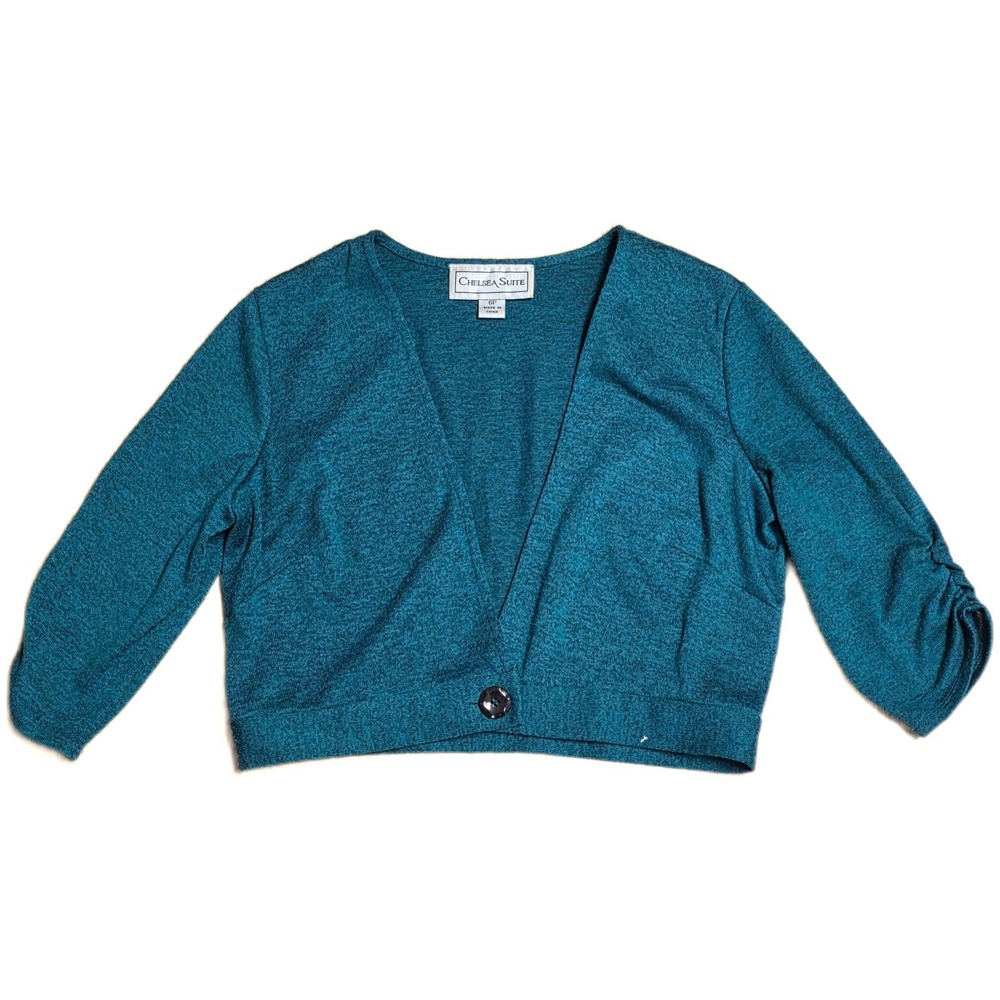 Chelsea Suite‎ Cropped Cardigan Shrug Women's Size 6P Teal Blue Ruched Sleeve